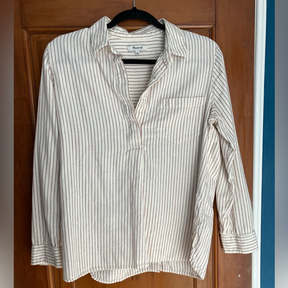 Madewell Cream and Burgundy Striped Popover Shirt